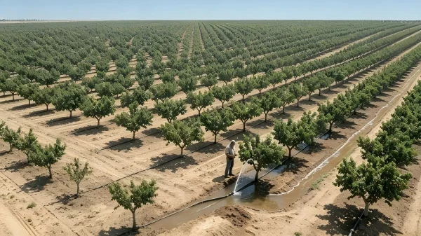 HydroSolar Farm solar water pumping system supporting orchard irrigation in California, USA.