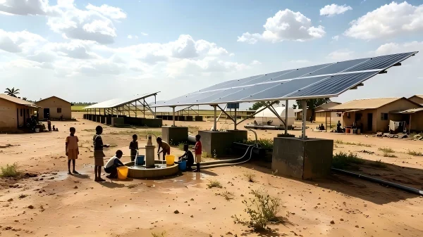 Community water supply project using HydroSolar Farm solar water pumping technology in the Philippines.