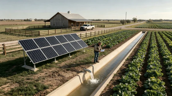HydroSolar Lite solar water pumping system supplying irrigation water for a family farm in Texas, USA.