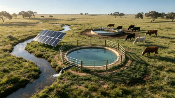 Solar water pumping system providing drinking water for livestock on an Australian cattle ranch.